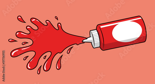 A vibrant cartoon illustration of a red paint bottle with a white cap, spouting a dynamic splash of red paint on a matching coral background, conveyin