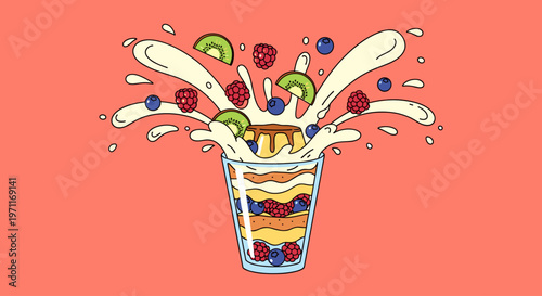A colorful illustration of a layered parfait with fruit and milk splashing out of a glass, conveying a sense of freshness and fun.