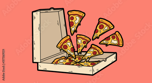 A playful cartoon illustration of pepperoni pizza slices jumping out of an open cardboard box on a pink background, evoking a sense of fun and excitem
