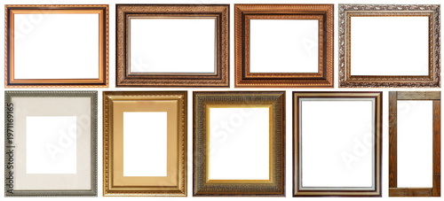 Set of picture frames isolated on white background antique carved gold