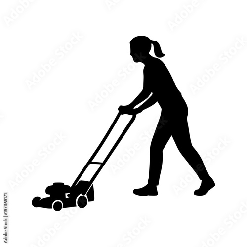 Woman pushing lawn mower icon silhouette