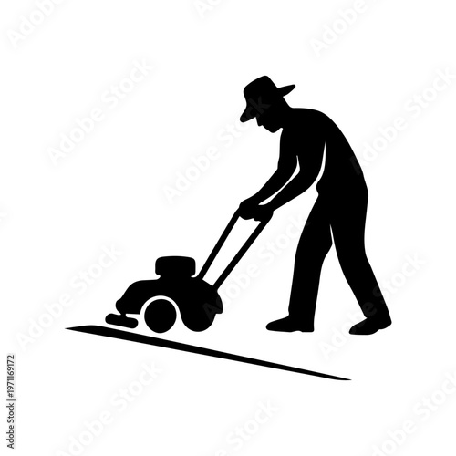 Gardener man pushing lawn mower cutting grass