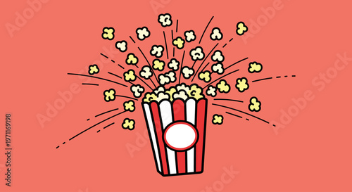 A vibrant illustration of popcorn exploding from a red and white bucket, perfect for representing fun, excitement, and entertainment.