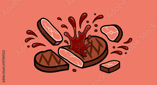 A cartoon illustration of steak slices with a blood splash on a pink background, conveying a sense of raw meat and freshness.