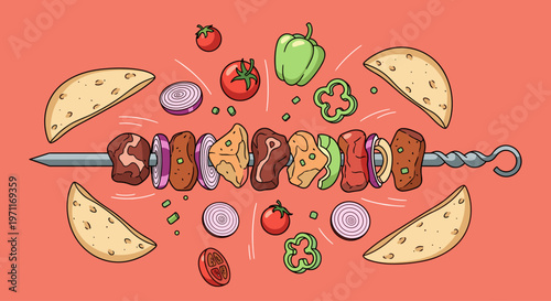 A colorful illustration of a shish kebab with various vegetables and flatbread on a coral background, evoking a sense of delicious food and culinary d