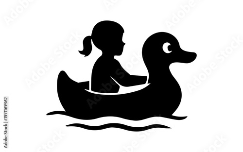 Girl riding duck inflatable floating on water