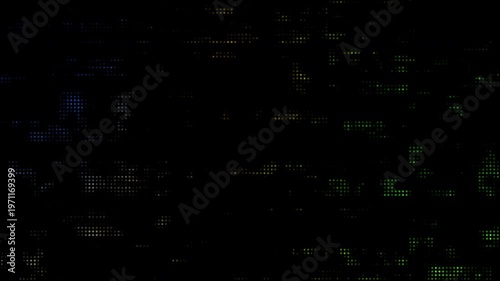 Abstract dark digital glitch overlay texture with green and blue data corruption artifacts on a black background.