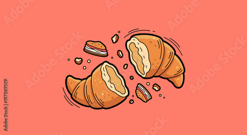 A playful illustration of a croissant and burger flying through the air, evoking a sense of fun and carefree eating.