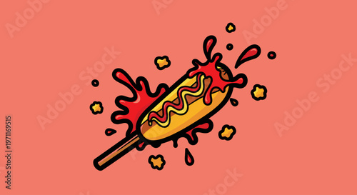 A vibrant illustration of a corn dog with ketchup and mustard, perfect for food advertising or a playful menu design.