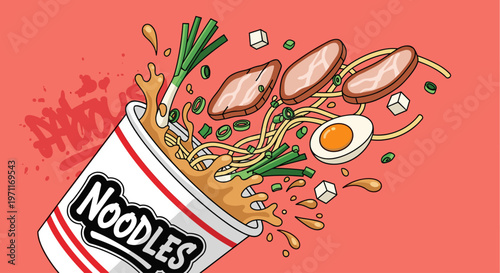 A vibrant illustration of a cup of noodles with ingredients bursting out, perfect for a food blog or restaurant advertisement.