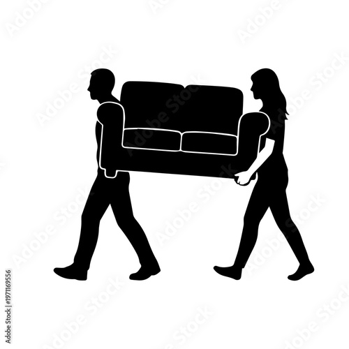 Couple carrying sofa together, teamwork for relocation