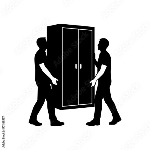 Two movers carrying a wardrobe relocation service concept