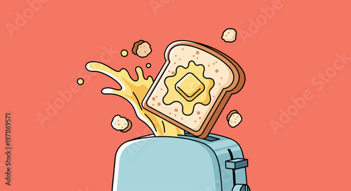 A playful cartoon illustration of toast with melting butter popping out of a toaster on a bright background, evoking a cheerful morning mood.