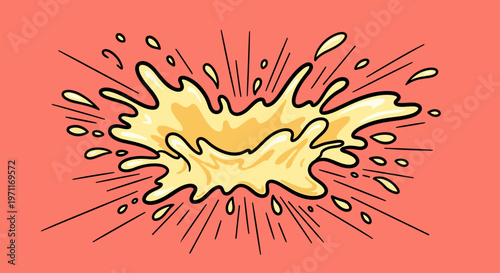 A dynamic illustration of a yellow liquid splashing on a coral background, conveying energy and movement.