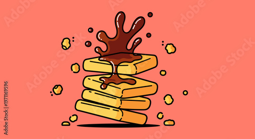A playful illustration of waffles stacked high with syrup splashing on top, evoking a sense of fun and deliciousness.
