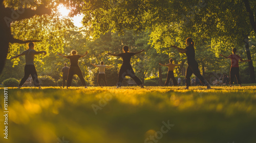 Group practicing tai chi in park at golden hour