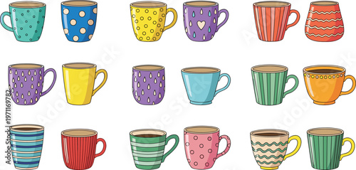 Colorful coffee mugs collection vector illustration with different patterns, cute ceramic cups set for tea and coffee, hand drawn kitchen drinkware design