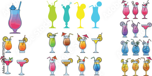 Colorful cocktail drinks collection vector illustration with tropical beverages, summer party cocktails set, bar menu drink icons with glasses and fruit garnishes