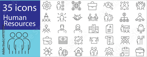 “Human resources icon set featuring recruitment, team management, hiring, and employee management symbols in modern flat style.”