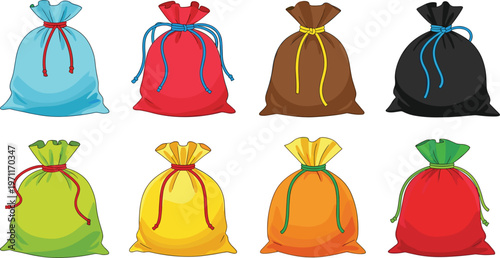 Colorful sack bags collection vector illustration with tied fabric pouches, different colors storage bags set for packaging, delivery, money or gift concept design