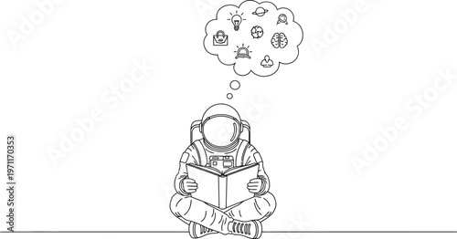 Astronaut reading a book in space a whimsical line drawing