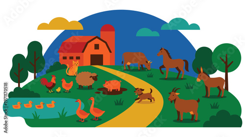 Cartoon farm landscape with barn and domestic animals on green hills.