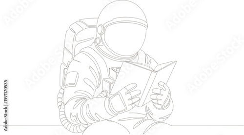 Sketch of an astronaut reading a book in space suit