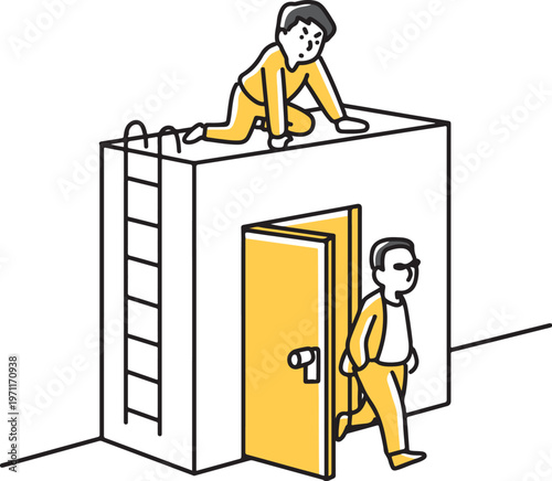 扉から出てくる人を上から監視する男性