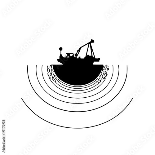 Fishing boat silhouette with ripples on water surface black vector illustration