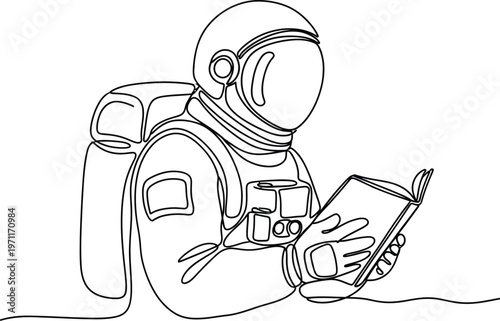 Astronaut engrossed in a book a line art illustration of cosmic knowledge
