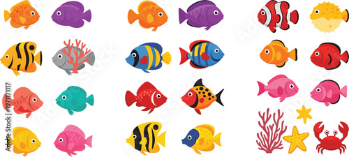 Colorful tropical fish collection vector illustration with cute cartoon sea animals, coral reef elements and marine life characters for aquarium and ocean design