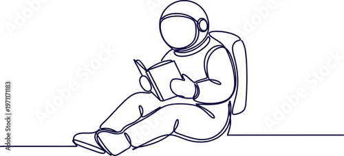 Astronaut reading a book a line art illustration