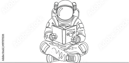 Astronaut in a meditative pose reading a book in a sketched style