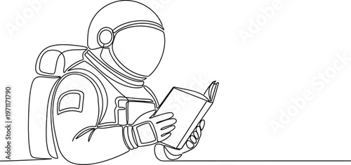Astronaut reading a book a line art illustration