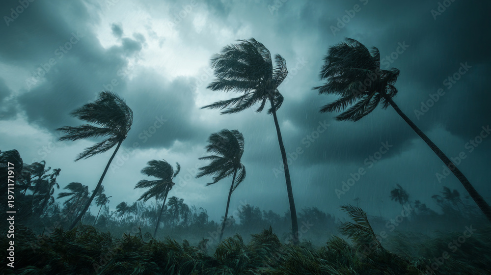 Obraz premium Powerful Tropical Storm with Strong Winds and Palm Trees