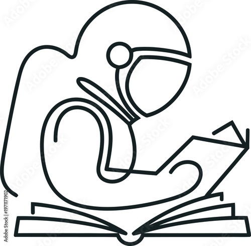 Abstract line art of a person reading a book with headphones