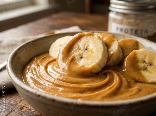 Banana Slices Dipped in Creamy Peanut Butter Macro Close Up Healthy Snack Protein Diet Food Photography