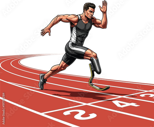 Dynamic vector illustration of a determined male amputee runner with a prosthetic leg sprinting on a red track symbolizing athletic achievement and overcoming challenges