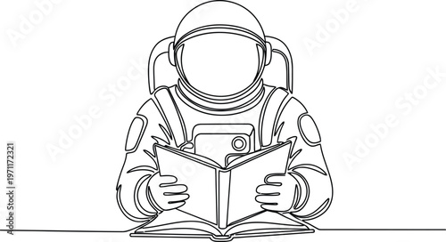 Astronaut reading a book in space a line art illustration
