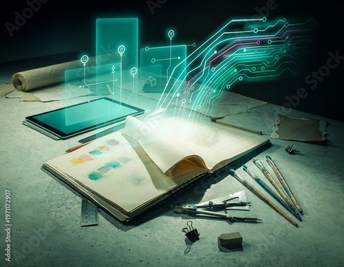 Creative studio desk mixing analog and electronic devices