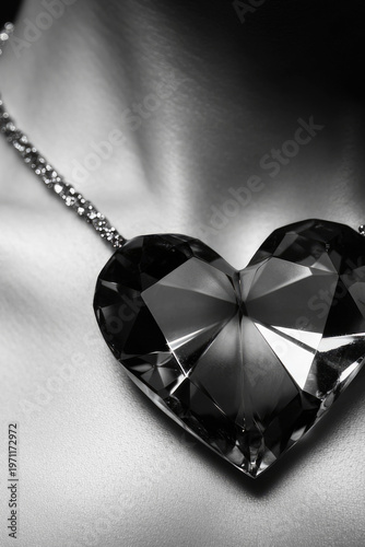 A simple black and white photo of a heart-shaped necklace, great for use in romantic or sentimental contexts vertical frame