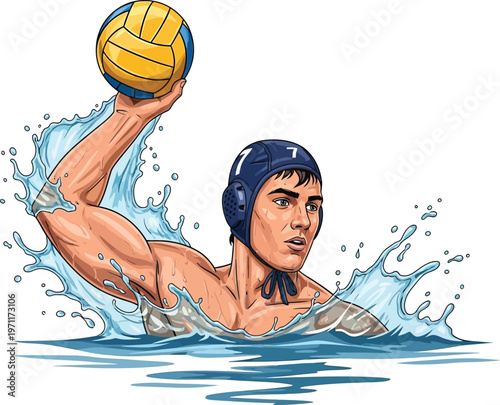 Muscular male water polo player in action holding a ball with water splashing a detailed vector illustration for sports competition and aquatic themes
