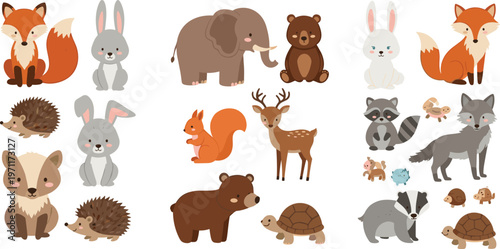 Cute Woodland Forest Animals Cartoon Set with Fox, Rabbit, Bear, Deer, Raccoon, Wolf, Hedgehog, Turtle and Elephant for Kids Illustration Design