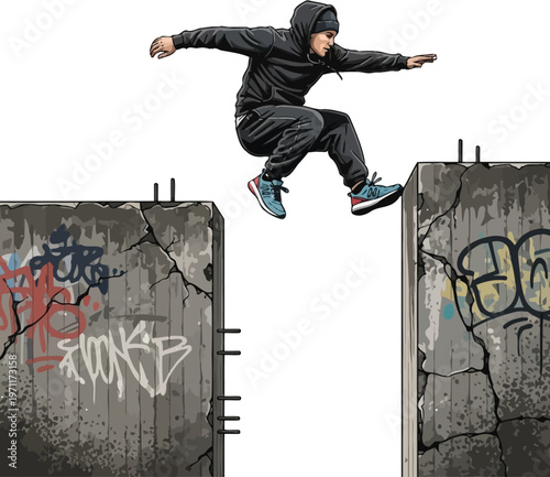 Dynamic young man performing parkour leaping between two graffiti-covered concrete walls showcasing urban sport and freedom
