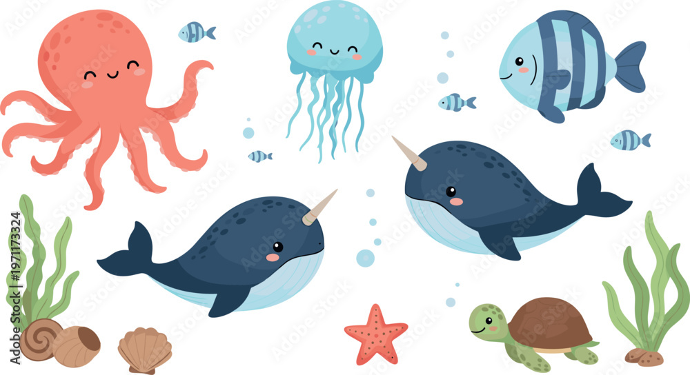 Fototapeta premium Cute Ocean Animals Set with Narwhals, Jellyfish, Octopus, Turtle, Fish, and Sea Creatures for Kids' Illustrations