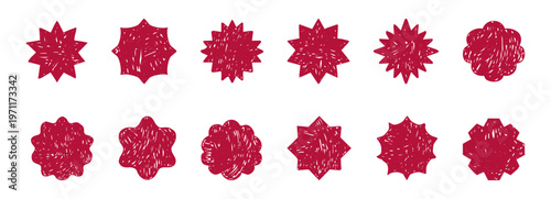Starburst labels set, red price tags crayon scribble texture, discount badge. Sale circle sticker. Wavy, scallop edge promo blank. 