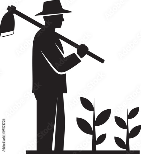 Farmer using a spray pump to tend to young plants in a field