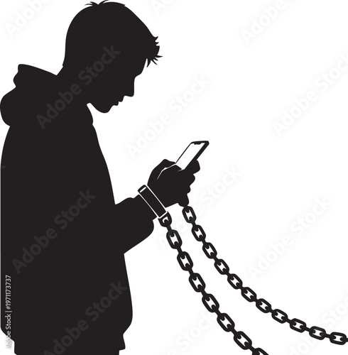 A person chained to a smartphone symbolizing modern digital dependence and addiction