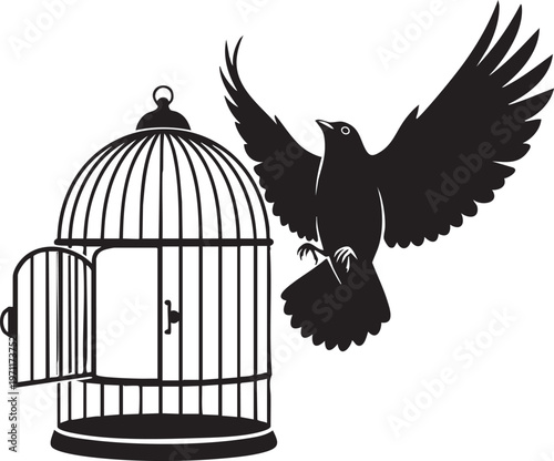 A bird escaping from an ornate cage with open door