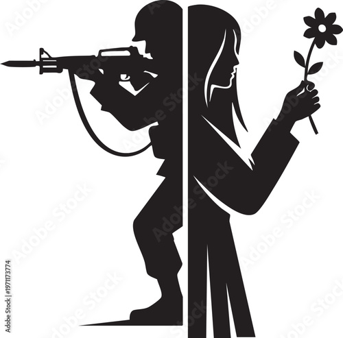 Contrast between war and peace illustrated by two opposing figures